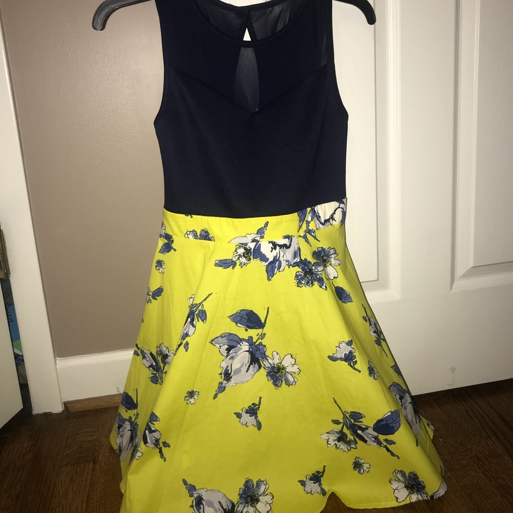 navy blue and yellow floral dress
